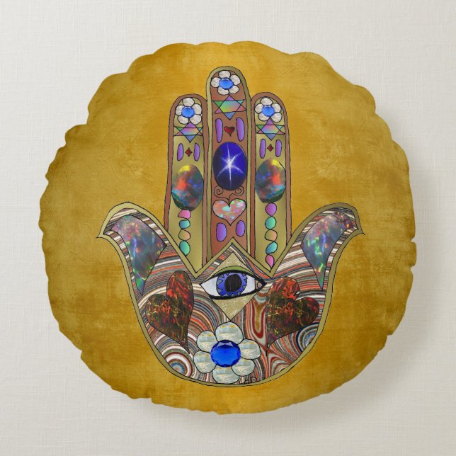 Hamsa harten bloemen Opal Art over goud Rond Kussen (Voorkant)