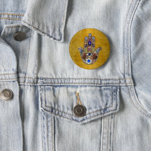 Hamsa harten bloemen Opal Art over goud Ronde Button 5,7 Cm (In situ)