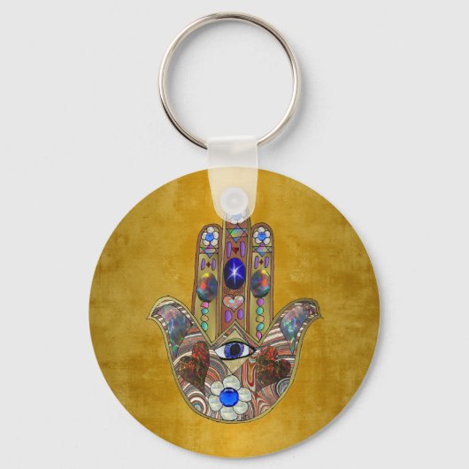 Hamsa harten bloemen Opal Art over goud Sleutelhanger (Voorkant)