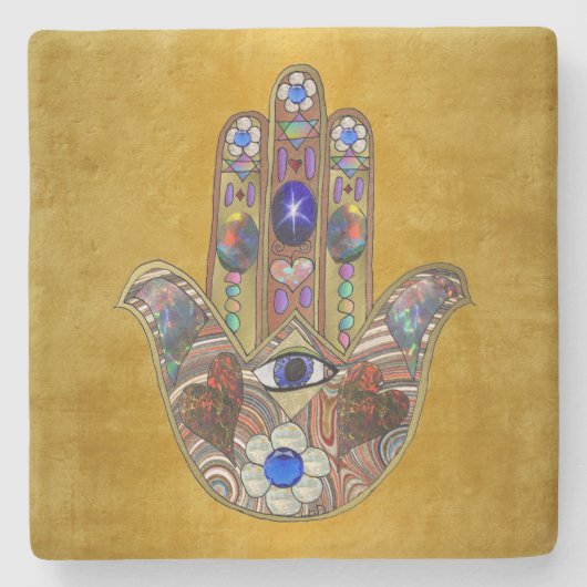 Hamsa harten bloemen Opal Art over goud Stenen Onderzetter (Voorkant)
