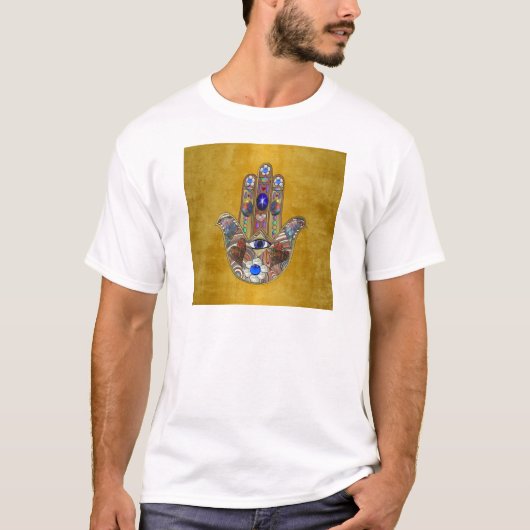 Hamsa harten bloemen Opal Art over goud T-shirt (Voorkant)