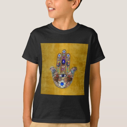 Hamsa harten bloemen Opal Art over goud T-shirt (Voorkant)