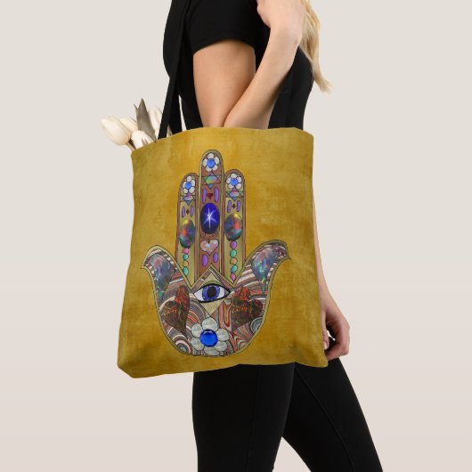 Hamsa harten bloemen Opal Art over goud Tote Bag (Dichtbij)