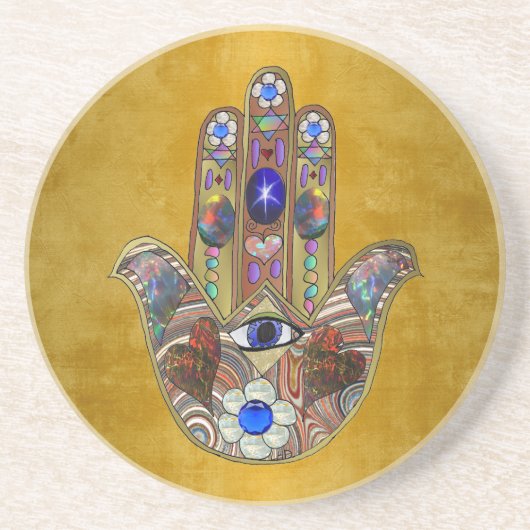 Hamsa harten bloemen Opal Art over goud Zandsteen Onderzetter (Voorkant)