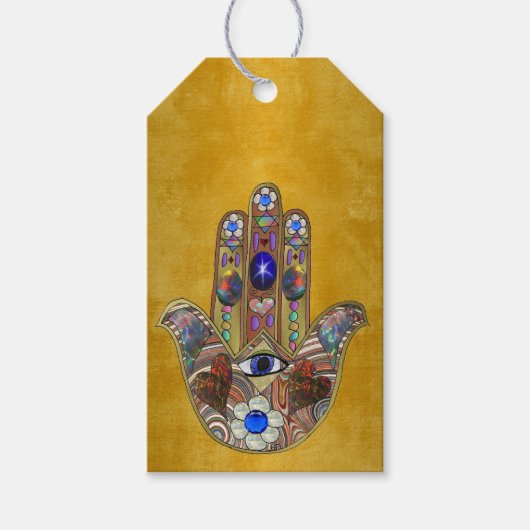 Hamsa Harten Bloemen Opal Kunst op Goud Cadeaulabel (Voorkant)