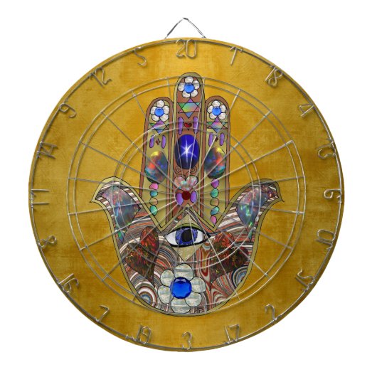 Hamsa Harten Bloemen Opal Kunst op Goud Dartbord (Voorkant)