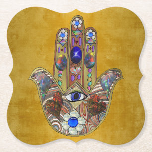 Hamsa Harten Bloemen Opal Kunst op Goud Kartonnen Onderzetters