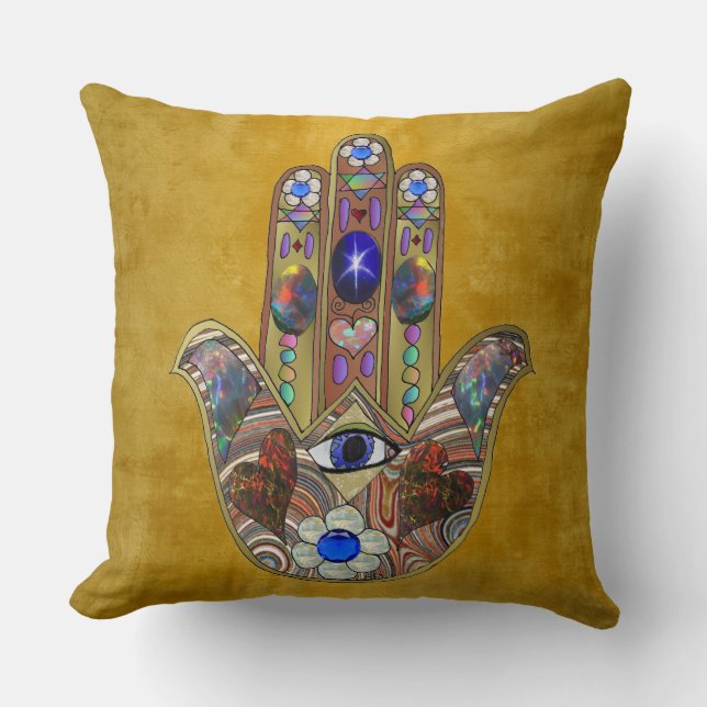 Hamsa Harten Bloemen Opal Kunst op Goud Kussen (Voorkant)