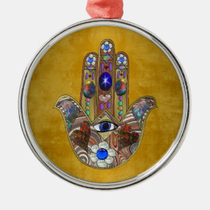 Hamsa Harten Bloemen Opal Kunst op Goud Metalen Ornament