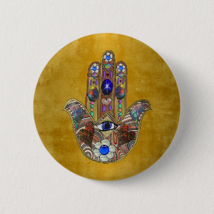 Hamsa Harten Bloemen Opal Kunst op Goud Ronde Button 5,7 Cm