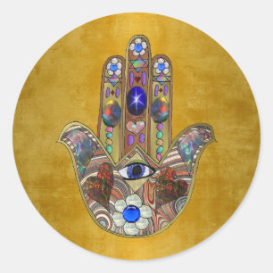 Hamsa Harten Bloemen Opal Kunst op Goud Ronde Sticker