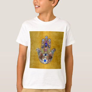 Hamsa Harten Bloemen Opal Kunst op Goud T-shirt