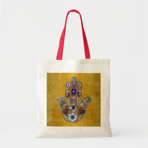 Hamsa Harten Bloemen Opal Kunst op Goud Tote Bag