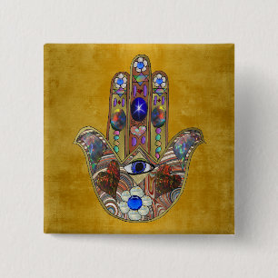 Hamsa Harten Bloemen Opal Kunst op Goud Vierkante Button 5,1 Cm