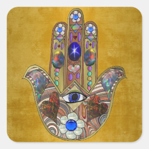 Hamsa Harten Bloemen Opal Kunst op Goud Vierkante Sticker