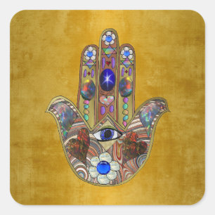 Hamsa Harten Bloemen Opal Kunst op Goud Vierkante Sticker