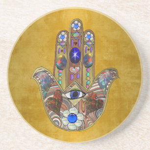 Hamsa Harten Bloemen Opal Kunst op Goud Zandsteen Onderzetter