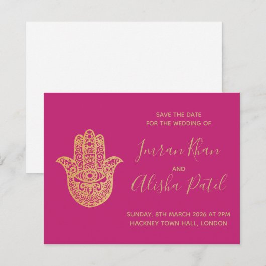 Hamsa Henna Goud Roze Desi Uitnodiging voor het Hu (Voorkant / Achterkant)