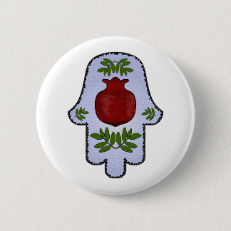Hamsa, Pomegranaat, Licht Blauw, Glas in lood Zazz Ronde Button 5,7 Cm