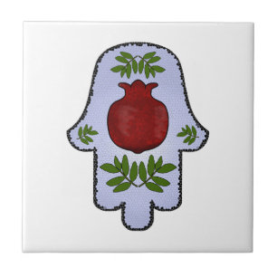 Hamsa, Pomegranaat, Licht Blauw, Glas in lood Zazz Tegeltje
