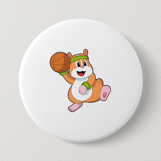 Hamster als Basketballspeler met Basketball Ronde Button 7,6 Cm (Voorkant)