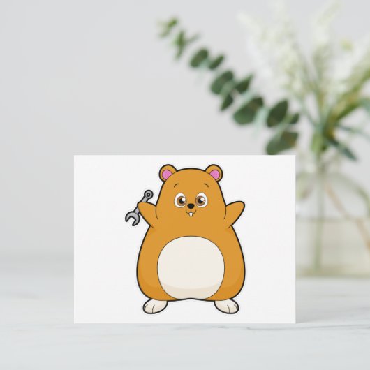 Hamster als monteur met sleutel briefkaart (Staand voorkant)