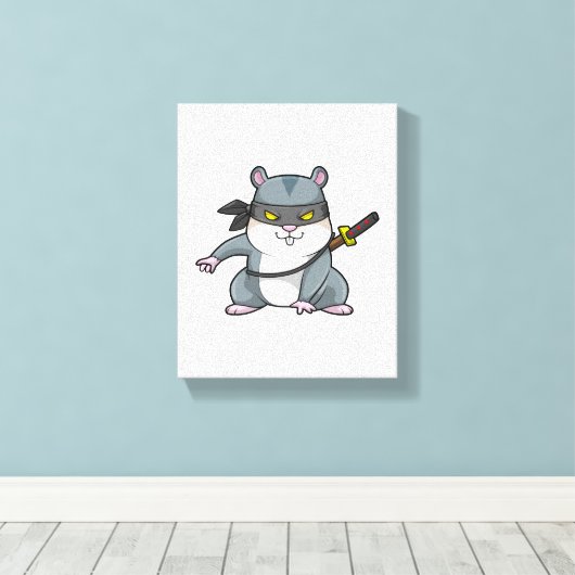 Hamster als Ninja bij de vechtkunst met zwaard Canvas Afdruk (Insitu (Houten vloer))