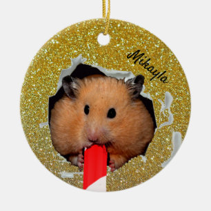 Hamster Chews Hole in Glittery Golden Ornament