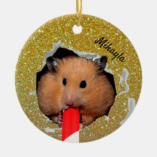 Hamster Chews Hole in Glittery Golden Ornament (Voorkant)