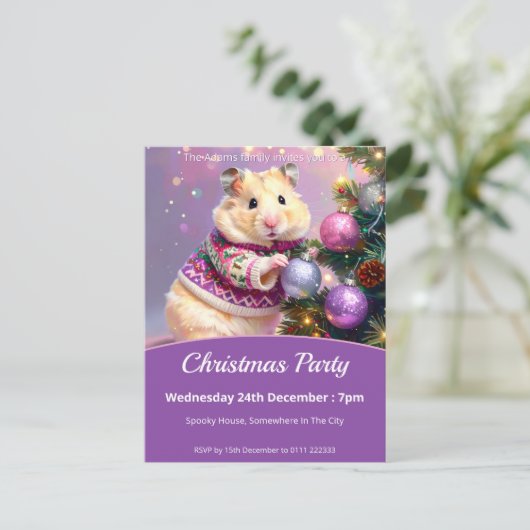 Hamster Decorating Tree Christmas Party Uitnodiging Briefkaart (Staand voorkant)