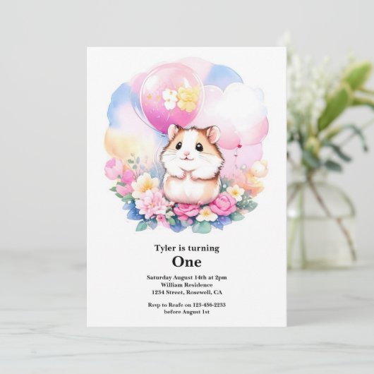Hamster eerste verjaardag uitnodiging (Staand voorkant)