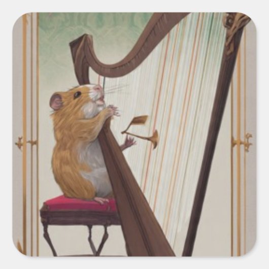 Hamster Harpist – Mini Musical Illustration Vierkante Sticker (Voorkant)