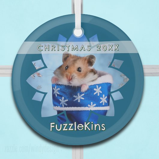 Hamster in blauwe kerstkous glas ornament