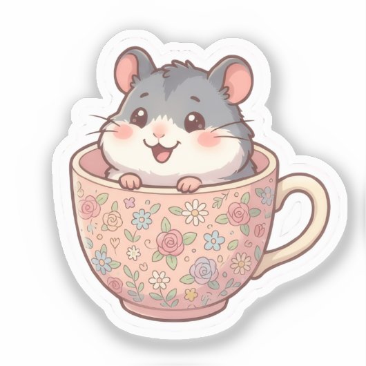 Hamster in bloemenkopje Sticker (Voorkant)