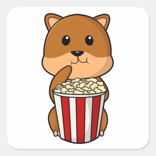 Hamster met één van Popcorn Vierkante Sticker (Voorkant)