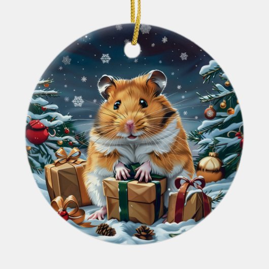 Hamster met kerstcadeaus keramisch ornament (Voorkant)