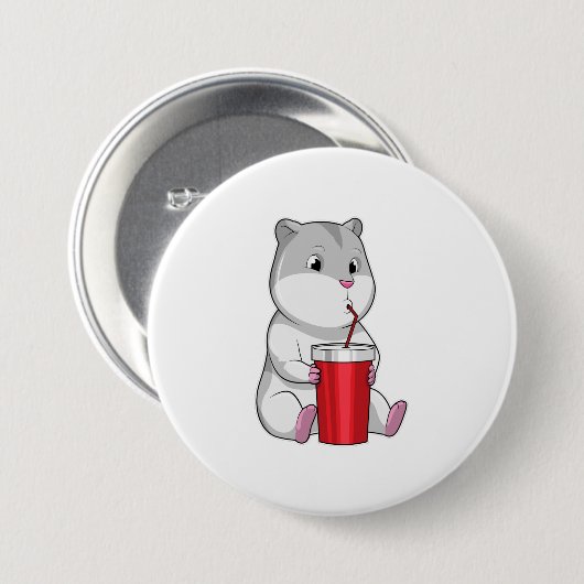 Hamster met Mok en Drink stro Ronde Button 7,6 Cm (Voorkant /achterkant)