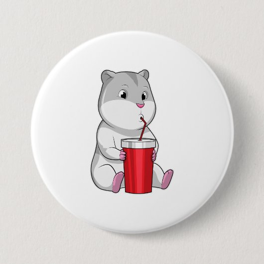 Hamster met Mok en Drink stro Ronde Button 7,6 Cm (Voorkant)