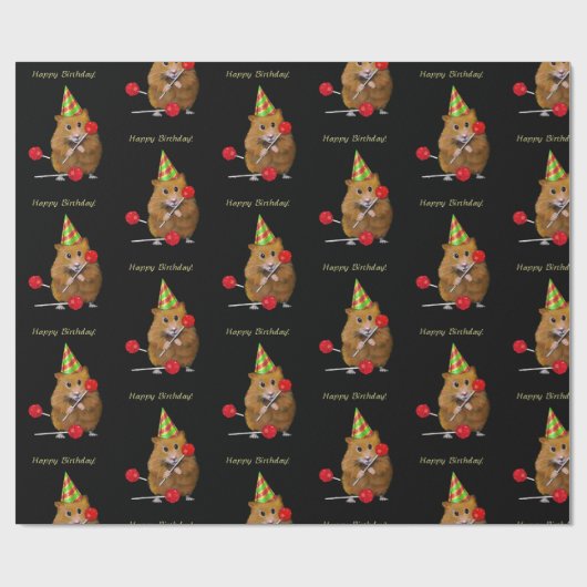 Hamster met Pet van de Partij en Lollipops op Zwar Cadeaupapier (Vlak)