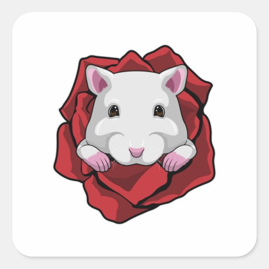 Hamster met Roos Vierkante Sticker (Voorkant)