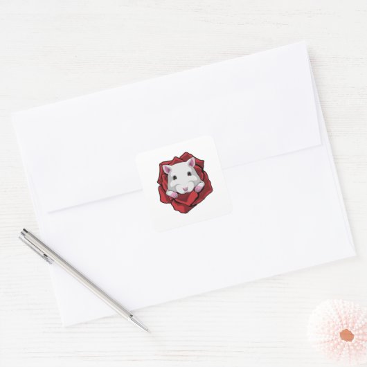 Hamster met Roos Vierkante Sticker (Envelop)
