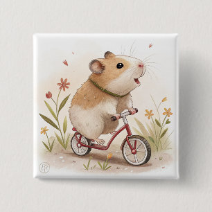 Hamster op de fiets vierkante button 5,1 cm