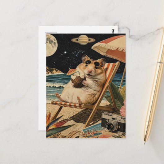 Hamster op vakantie collage briefkaart (Voorkant / Achterkant in situ)