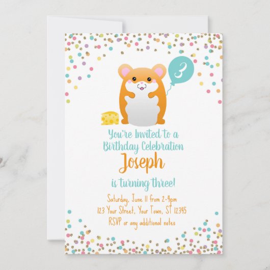 Hamster Verjaardagsfeest Uitnodiging Blauwe Confet (Voorkant)