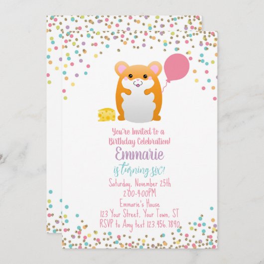 Hamster Verjaardagsfeest Uitnodiging Confetti Glit (Voorkant / Achterkant)