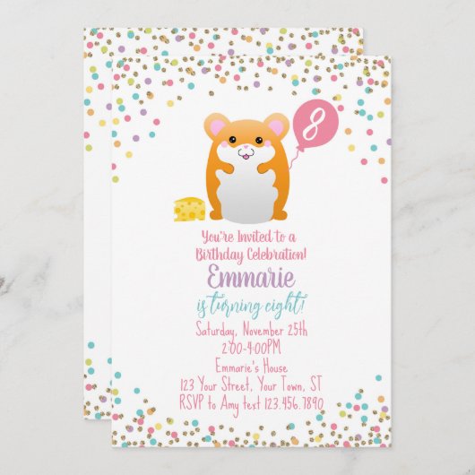 Hamster Verjaardagsfeest Uitnodiging Confetti Glit (Voorkant / Achterkant)