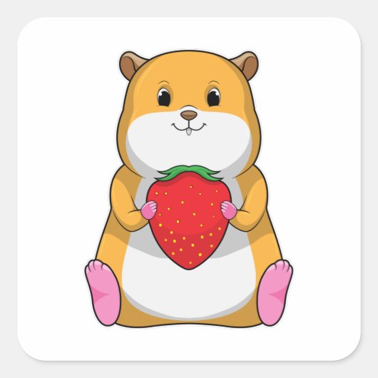 Hamster with Strawberry Vierkante Sticker (Voorkant)