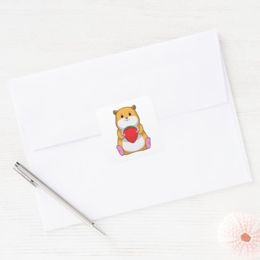 Hamster with Strawberry Vierkante Sticker (Envelop)