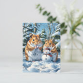 Hamsters en Sneeuwman Briefkaart (Staand voorkant)
