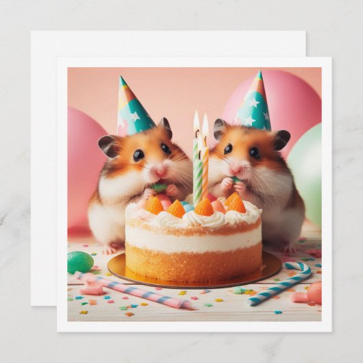 Hamsters eten taart verjaardag uitnodiging (Voorkant / Achterkant)